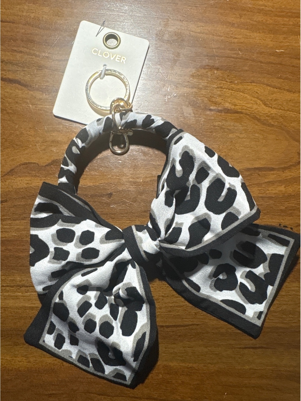 ⁠NWT Leopard Print Scarf Bow Keyring Bangle Wristlet Keychain | Black & White⁠